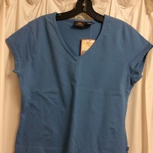 Med Blue knit shirt w/ beading on v-neck & sleeve